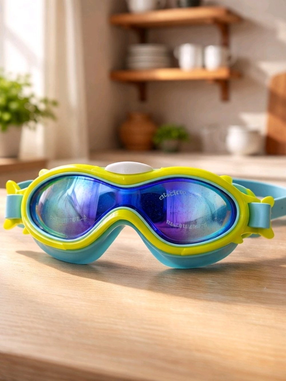 Kids Swim Goggles Blue & Neon Green Anti-Fog Adjustable Swim Mask w/ Earplugs